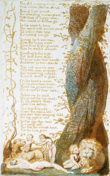 Famishd, Weeping, Weak..., levy 7 julkaisusta Songs of Innocence, 1789 (reliefi etsaus wc:llä paperille) tekijältä William Blake