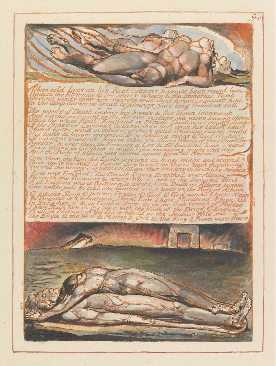 Jerusalem, levy 94, Albion kylmä makaa kallioillaan .... tekijältä William Blake