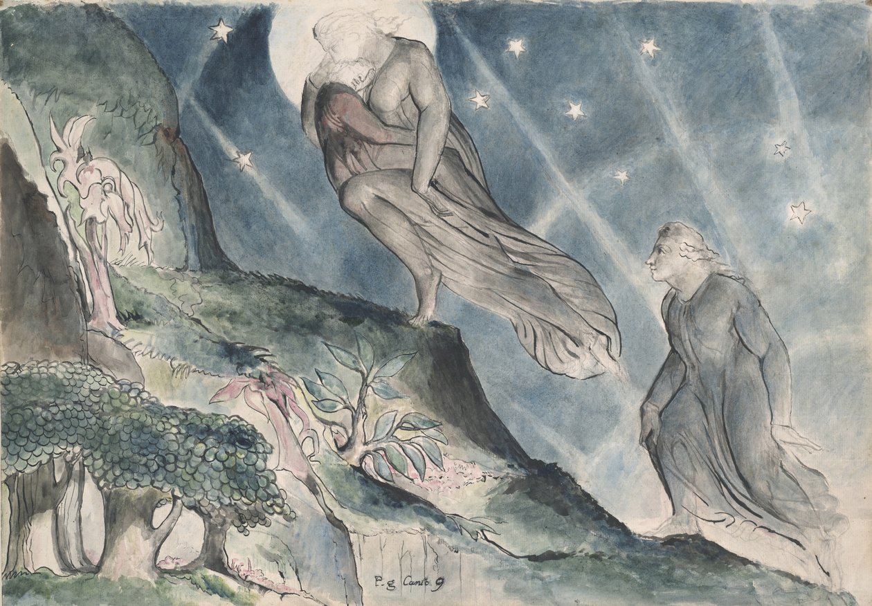 Lucia kantamassa Dantea unissaan, kuvitus Dante Alighierin jumalalliseen komediaan, 1824-27 (kynä ja muste wc:llä kynällä ja liitu paperilla) tekijältä William Blake