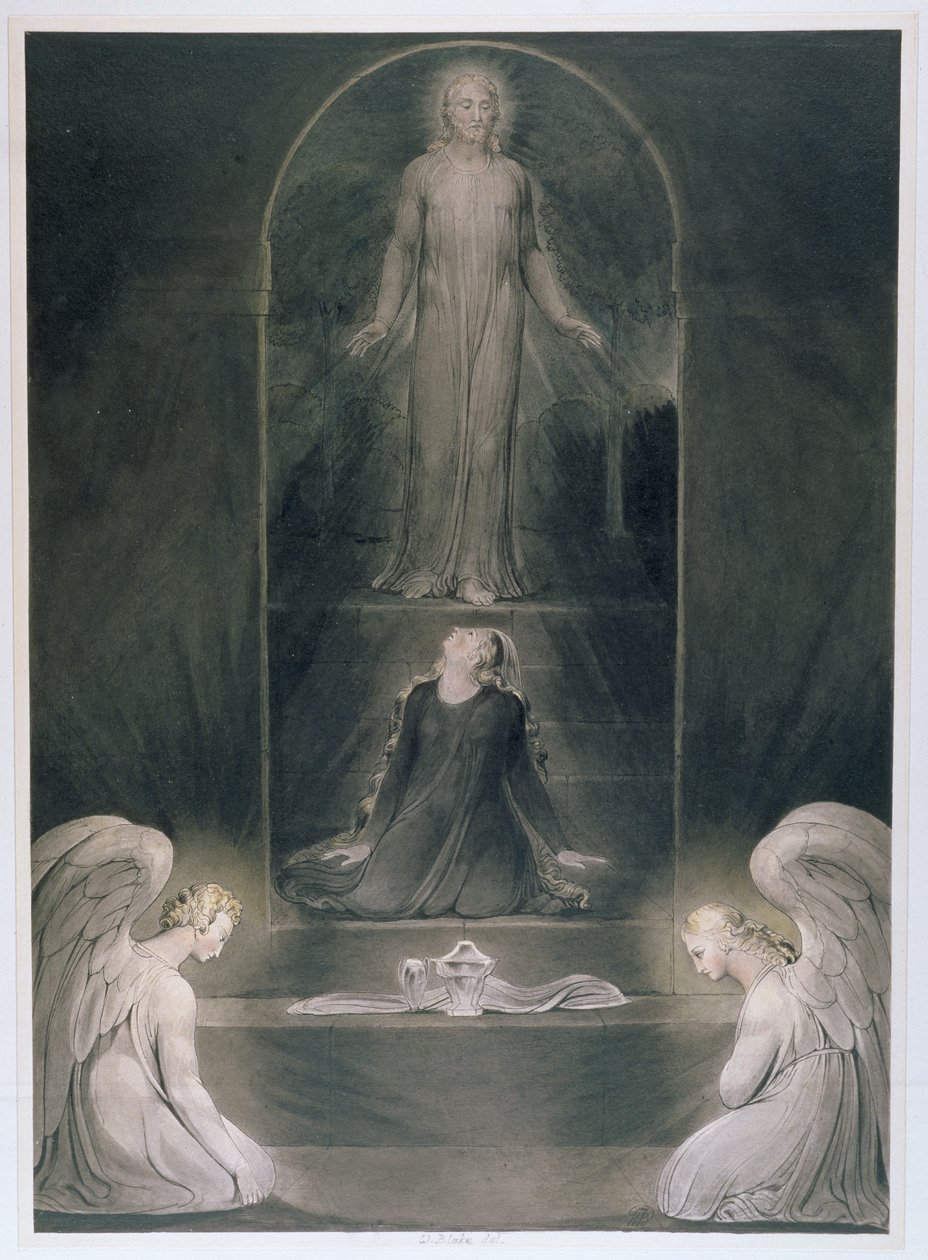 Maria Magdaleena haudalla, n. 1805 (wc ja kynä ja musta muste paperille) tekijältä William Blake