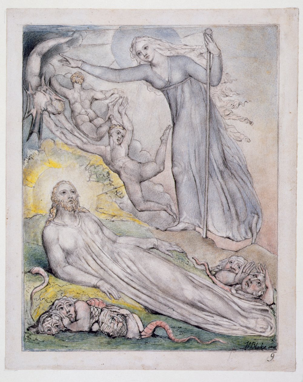 Morning Chasing away the Phantom, kuvitus "Paradise Regained", John Milton, n. 1816-1818 (kynä ja muste, harmaa pesu ja wc paperilla) tekijältä William Blake