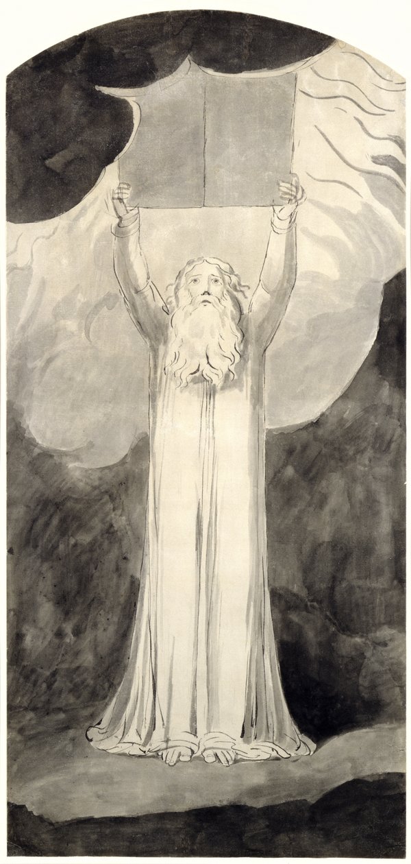 Mooses vastaanottaa lain, n. 1780 (sivellin ja musta muste grafiitin päällä paperilla) tekijältä William Blake