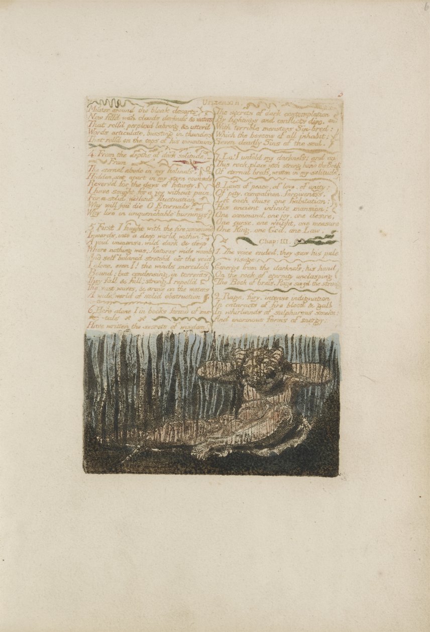 Kokoontua synkkien desarttien ympärille..., levy 6 julkaisusta The First Book of Urizen, 1794 (väripainettu kohokuvio musteella ja wc:llä) tekijältä William Blake