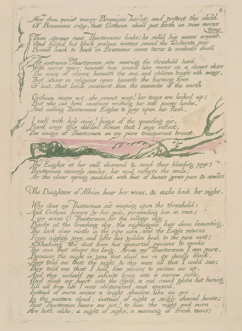 Nyt sinä päätät mennä naimisiin, levy 4v julkaisusta Visions of the Daughters of Albion, 1793 (reliefietsaus painettu vihreällä wc:llä) tekijältä William Blake