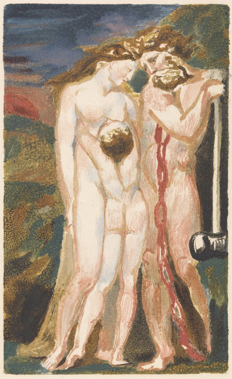 Alaston nainen katselee alas poikaa ja oikealla, parrakas mies nojaa vasaraan, levy 18 Urizenin ensimmäisestä kirjasta, 1794 (väripainettu kohokuvio musteella ja wc paperille) tekijältä William Blake