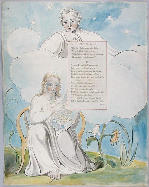 Oodi musiikille, malli 96 teoksesta The Poems of Thomas Gray, 1797-98 (wc ja tussi paperille). tekijältä William Blake