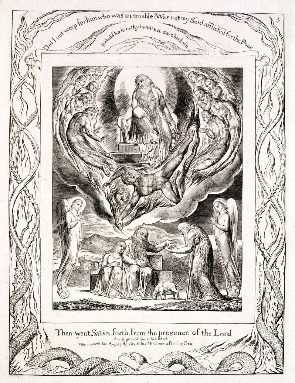 P.128-1950.p5 Saatana lähtee Herran edestä ja Jobin rakkaus "Jobin kirjasta", 1825 tekijältä William Blake