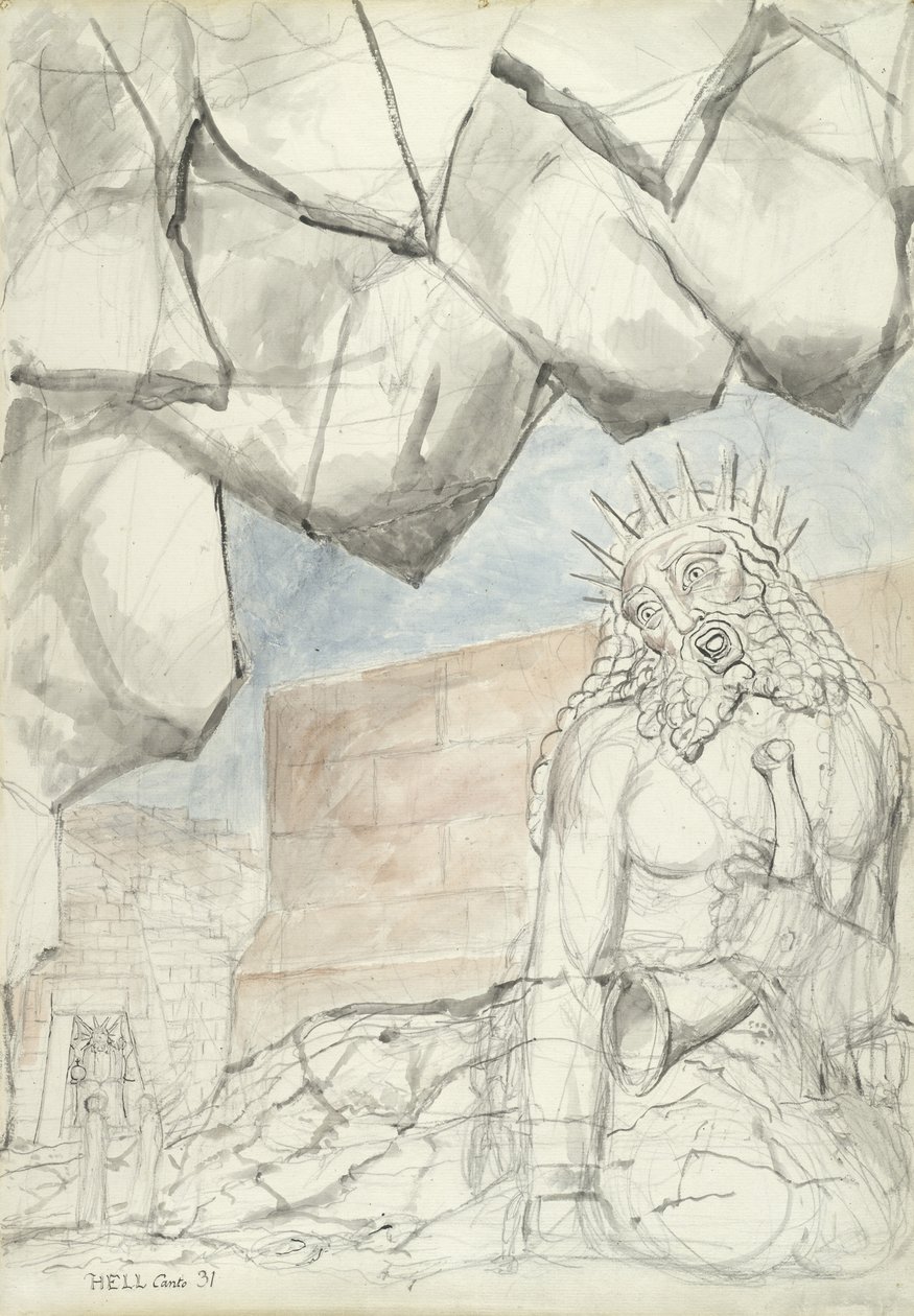 The Complaint of the Giant Nimrod, kuvitus Dante Alighierin jumalalliseen komediaan, 1824-27 (kynä ja muste wc:llä kynällä ja liitu paperilla) tekijältä William Blake