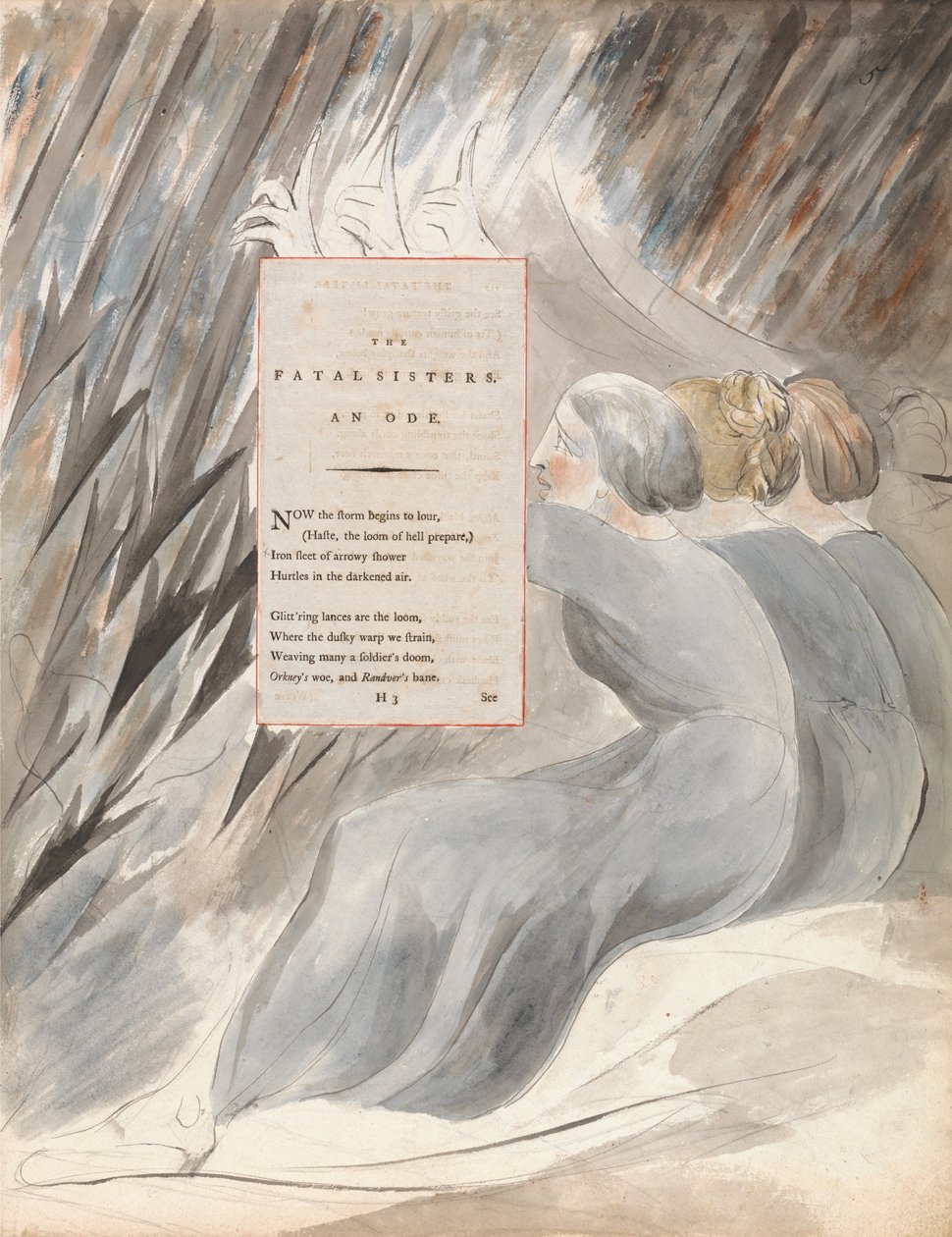 The Fatal Sisters, design 71 teoksesta The Poems of Thomas Gray, 1797-98 (wc kynällä ja musteella paperille) tekijältä William Blake