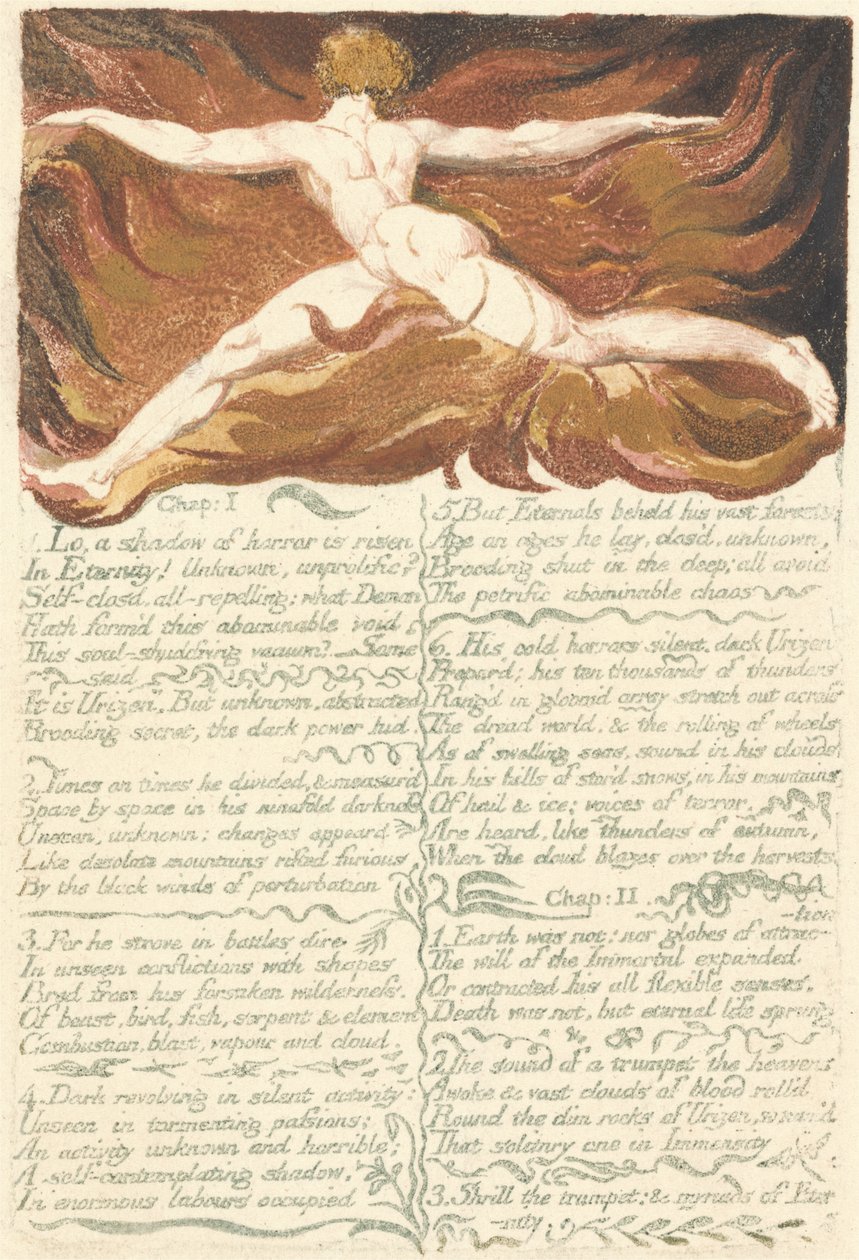 The First Book of Urizen, levy 3, luku I I. Katso, varjo..., 1794 (reliefisyövytys wc:llä) tekijältä William Blake