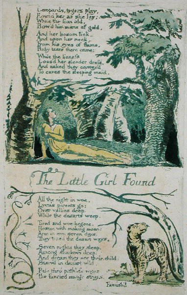 Pieni tyttö kadonnut ja leopardit, tiikerit leikkivät... ja Pieni tyttö löydetty levy 20 julkaisusta Songs of Innocence, 1789 (käsinvärinen kohokuvio vesiväreillä) tekijältä William Blake