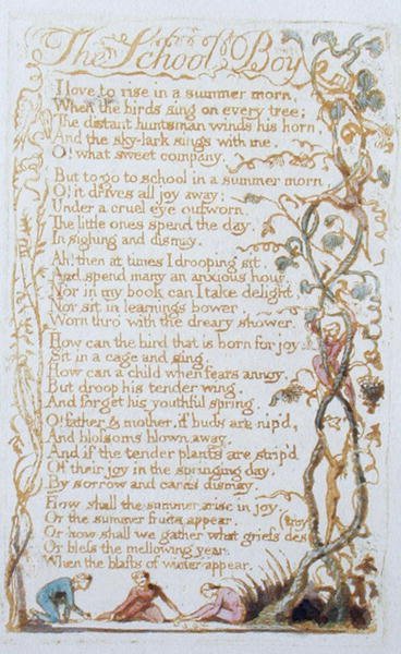 The School Boy, levy 27 julkaisusta Songs of Innocence, 1789 (reliefetsaus wc:llä) tekijältä William Blake