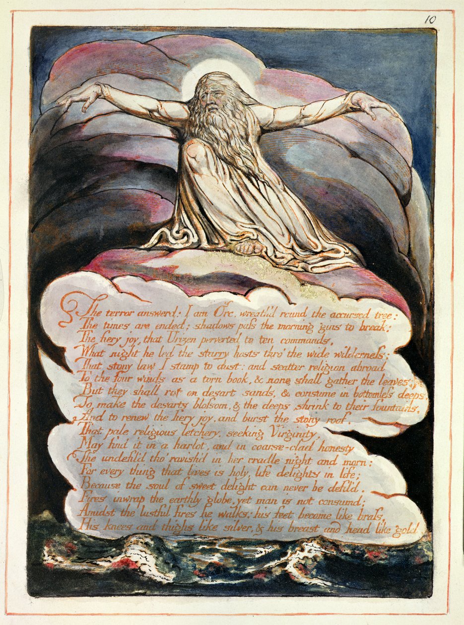 Terror Answered, levy 8 julkaisusta "America, a Prophecy", 1793 (reliefi etsaus ja wc paperilla) tekijältä William Blake