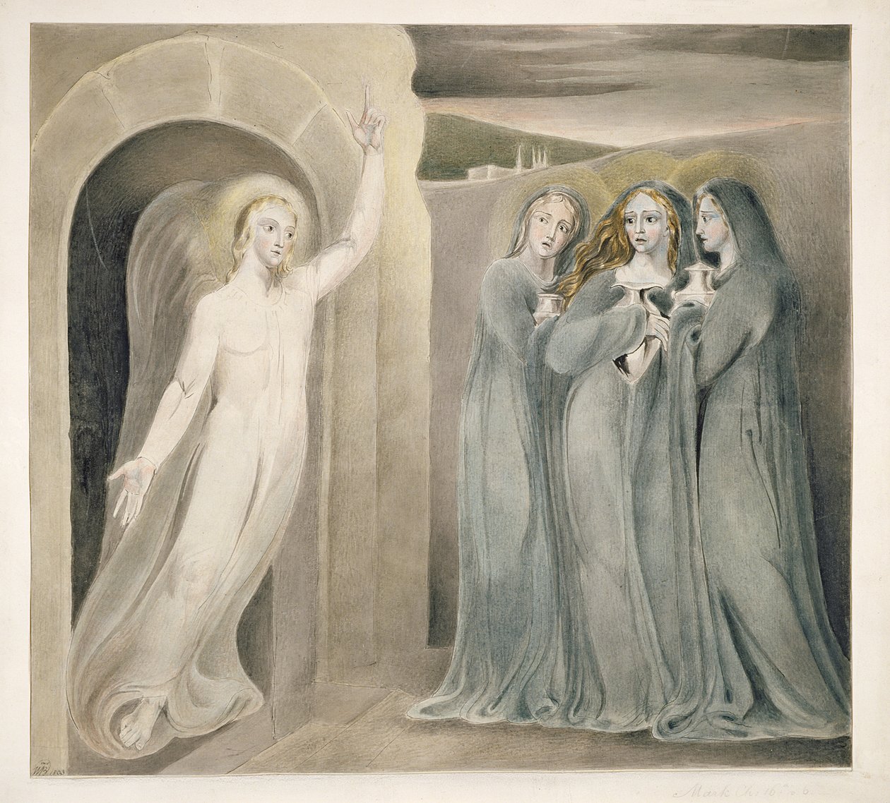 Kolme Mariaa haudalla, n. 1800 (kynä ja muste pesulla ja wc paperilla) tekijältä William Blake