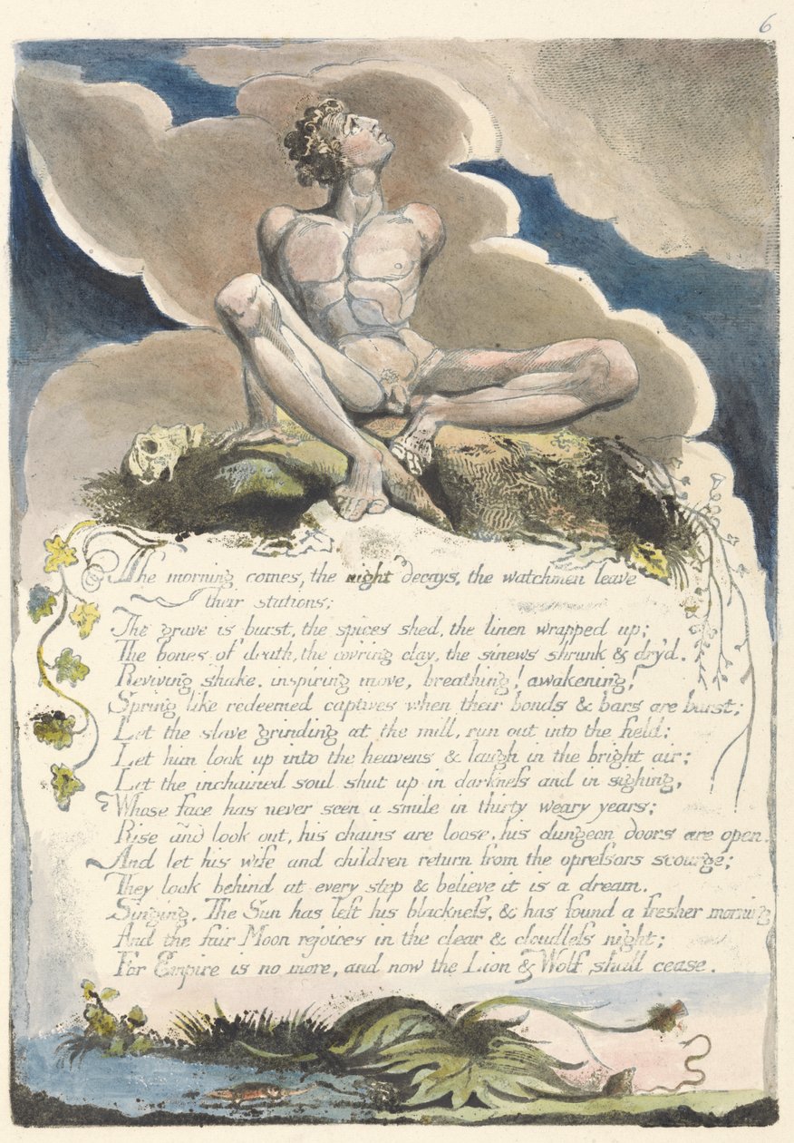 Aamu tulee..., levy 8 Amerikasta: Profetia, 1793 (reliefietsaus mustalla painettu kynällä & musteella ja wc:llä) tekijältä William Blake