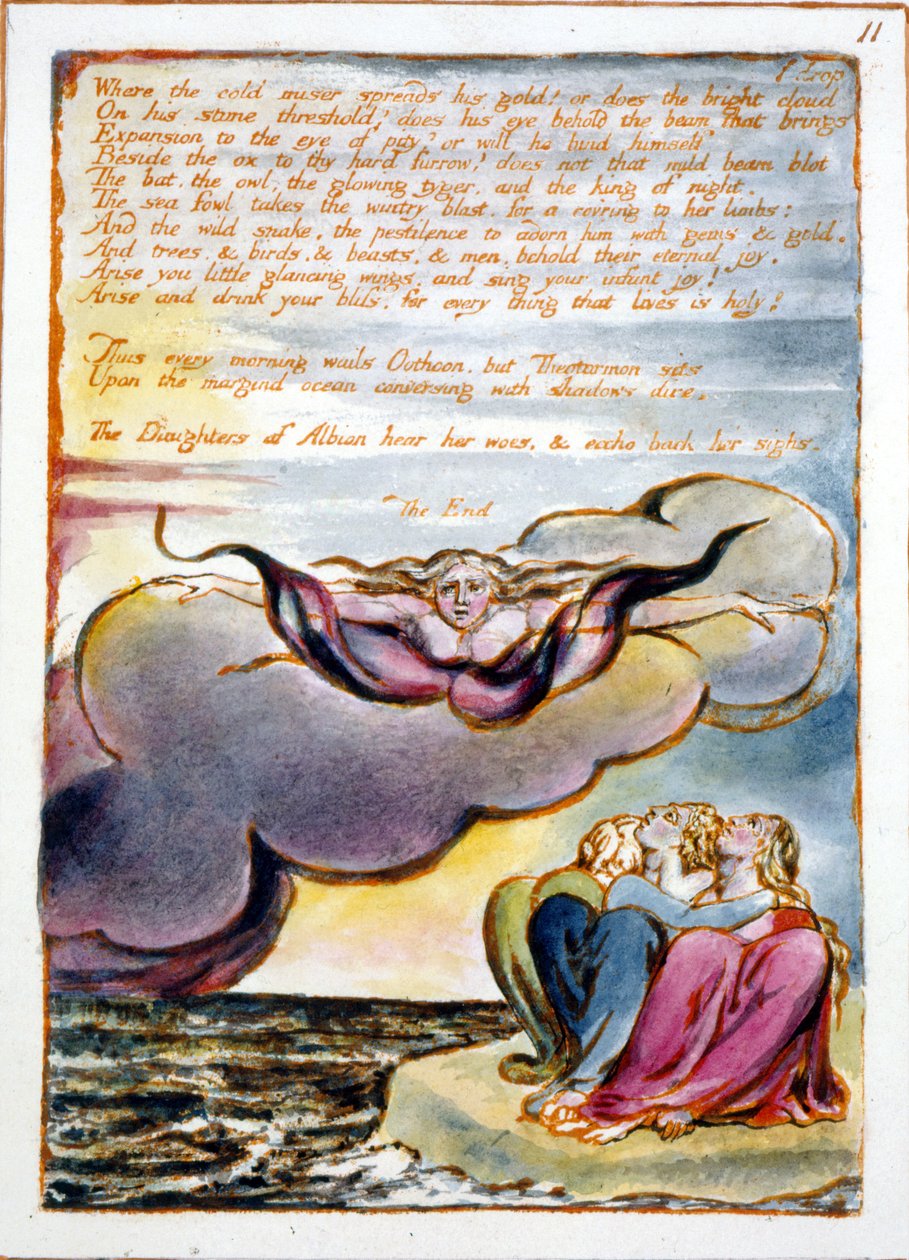 Visions of the Daughters of Albion: "Where the Cold Miser Spreads His Gold..." suunniteltu 1793, valmistunut noin 1815 (kohopainatuksellinen etsaus, jossa on kynä ja wc paperille). tekijältä William Blake