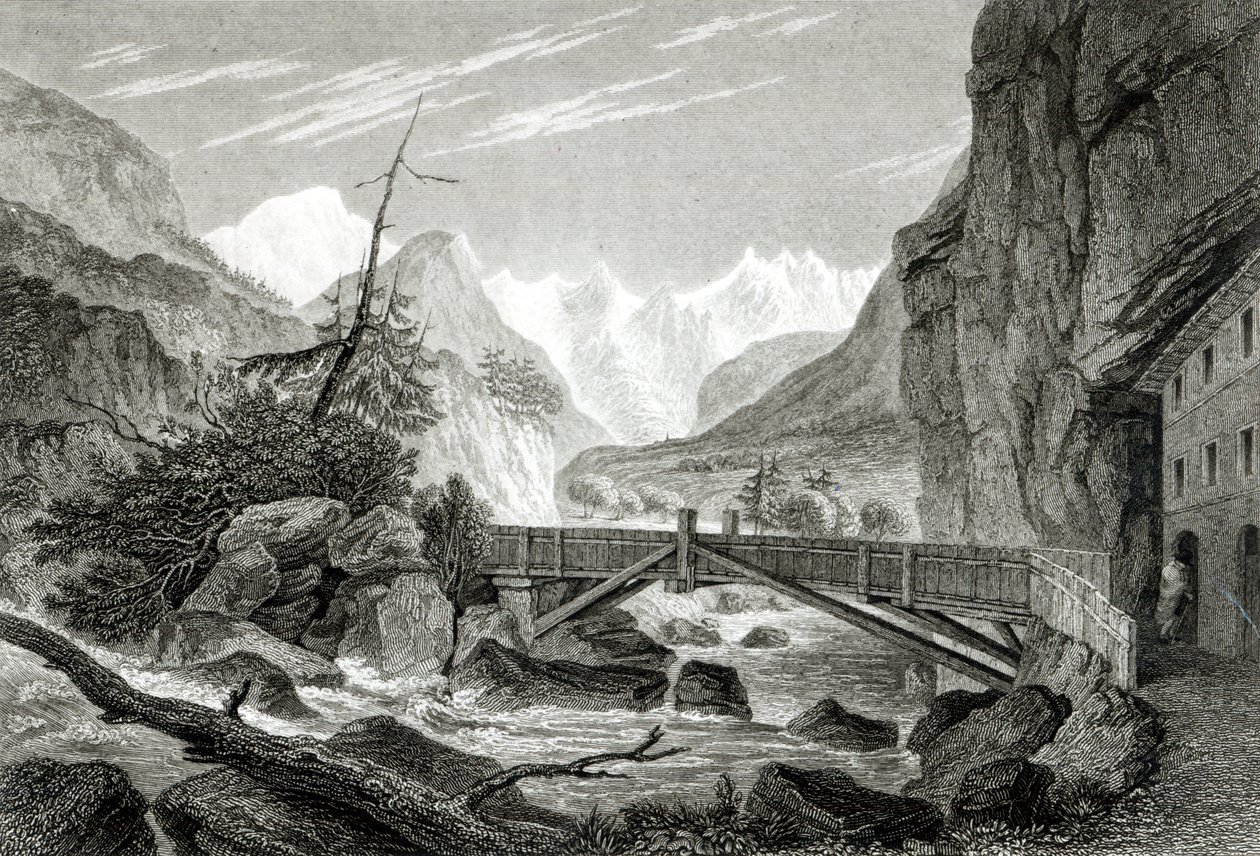 Mont Blanc St. Didierin kylpylästä, kaiverrus C.Westwood tekijältä William Brockedon
