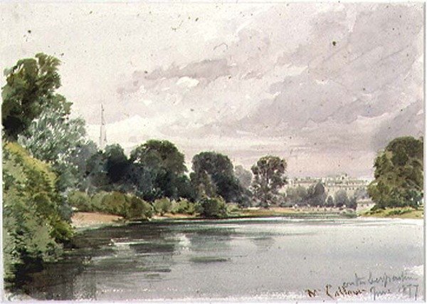 Serpentiinin länsipää, Kensington Gardens, 1877. tekijältä William Callow