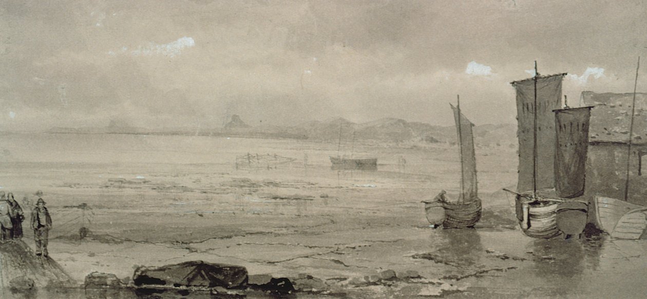 Merenrantatutkimus: Laskuvesi, kalastusveneitä ja kalastajia, 1800-luku (akvarelli) tekijältä William Collins