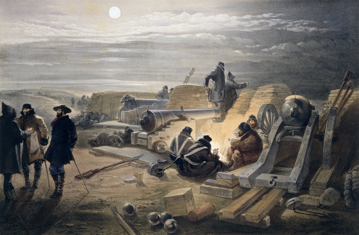 A Quiet Night in the Batteries, levy "The Seat of War in the East" -julkaisusta, julkaisija Colnaghi and Co., 1856 tekijältä William Crimea Simpson