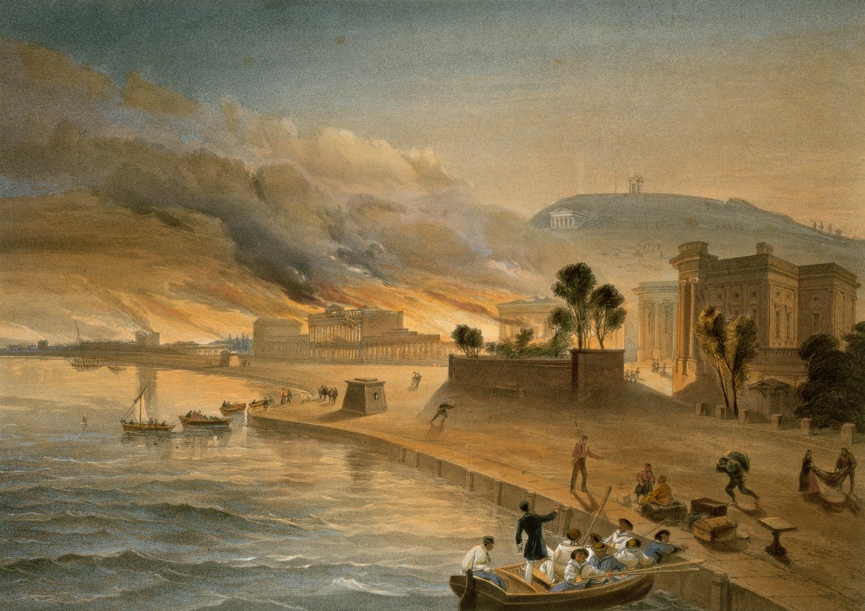Hallituksen rakennusten polttaminen Kertchissä, levy teoksesta "The Seat of War in the East", julkaisija Paul ja Dominic Colnaghi und Co., 1856. tekijältä William Crimea Simpson