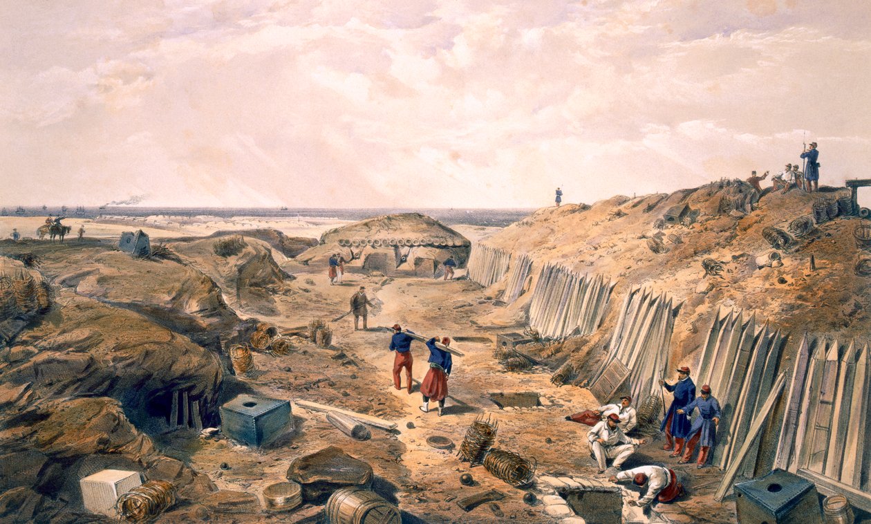 Bastion du Matin oja, laatta "The Seat of War idässä", pubi. Paul und Dominic Colnaghi und Co., 1856 tekijältä William Crimea Simpson