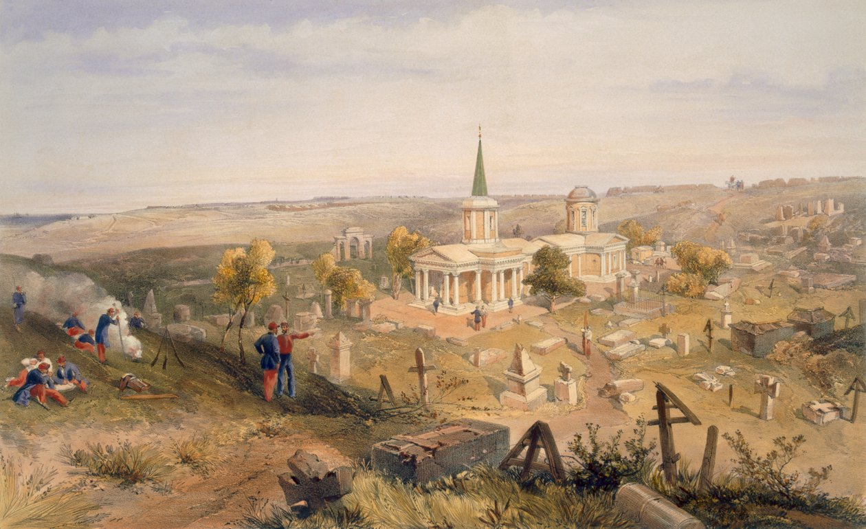 Karanteenihautausmaa ja kirkko, levy "The Seat of War in the East", pubi. Paul und Dominic Colnaghi und Co., 1856 tekijältä William Crimea Simpson