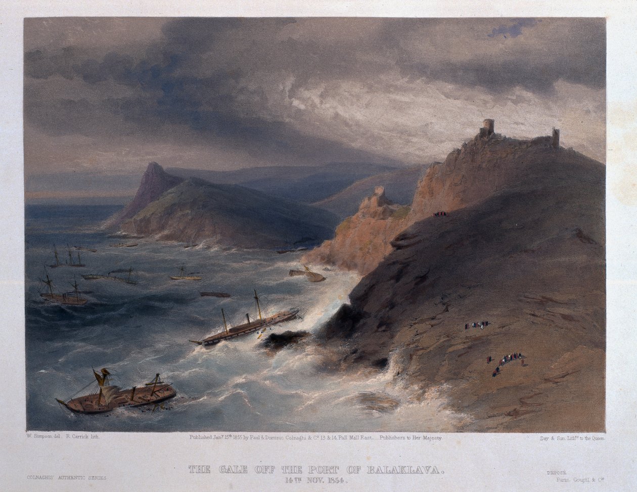 Gale Balaklavan sataman edustalla, 14. marraskuuta 1854, kaiverrettu R. Carrick, Colnaghi und Co.:n 1855 julkaisemasta teoksesta "The Seat of War in the East - First Series" tekijältä William Crimea Simpson