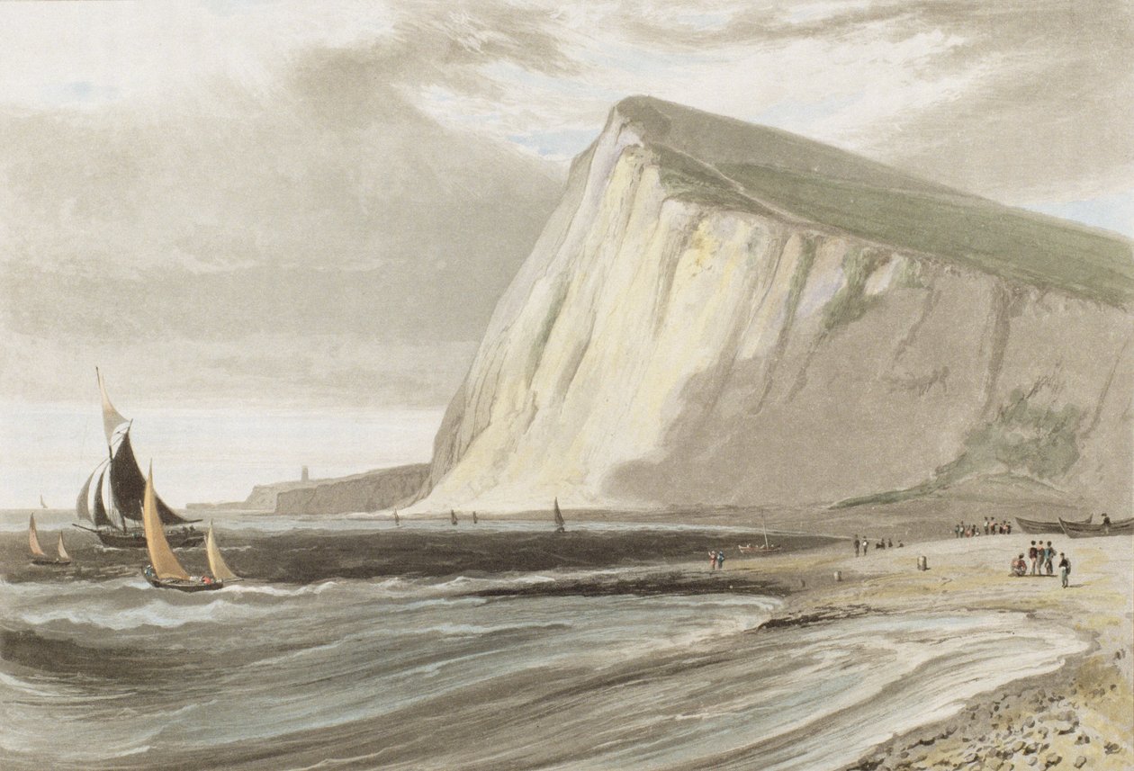 Dover, Shakespearen kalliolta, kirjasta "A Voyage Around Great Britain Undertaken between the Years 1814 and 1825", julkaistu 1823 (akvatintta). tekijältä William Daniell