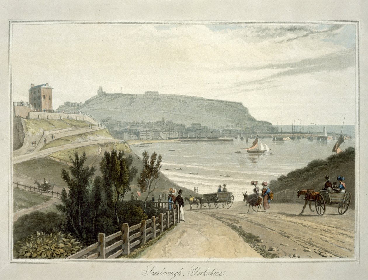 Scarborough, Yorkshire, 1822 julkaistun kirjan "A Voyage Around Great Britain Undertaken between the Years 1814 and 1825" (Akvatinta) VI osasta tekijältä William Daniell