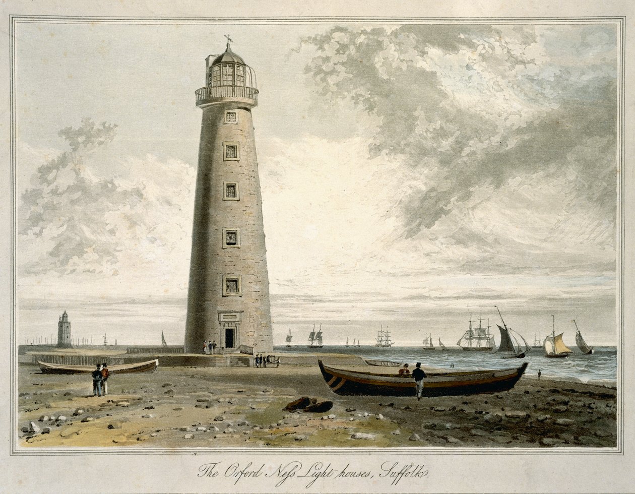 Orford Nefsin majakat, Suffolk, vuonna 1822 julkaistun teoksen "A Voyage Around Around Great Britain Undertaken between the Years 1814 and 1825" (Akvatintta) niteestä VI. tekijältä William Daniell