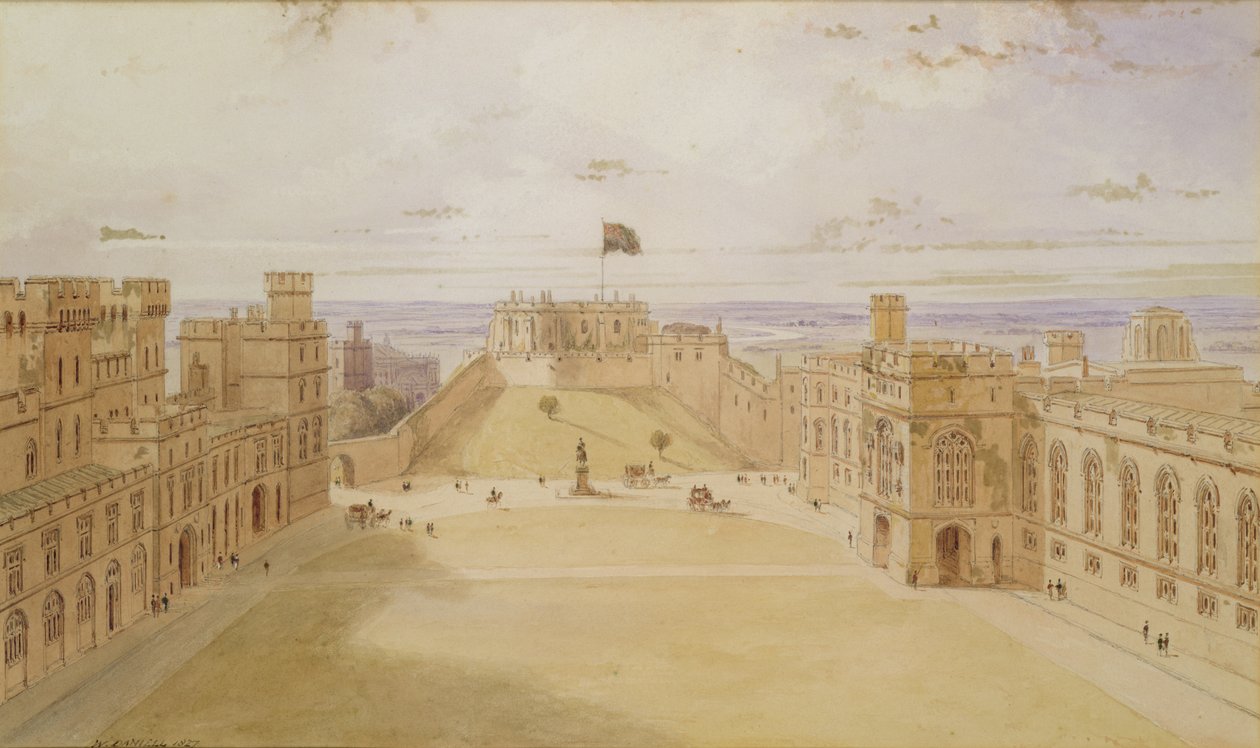 Windsorin linna, nelikulmio, 1827 (wc paperilla) tekijältä William Daniell