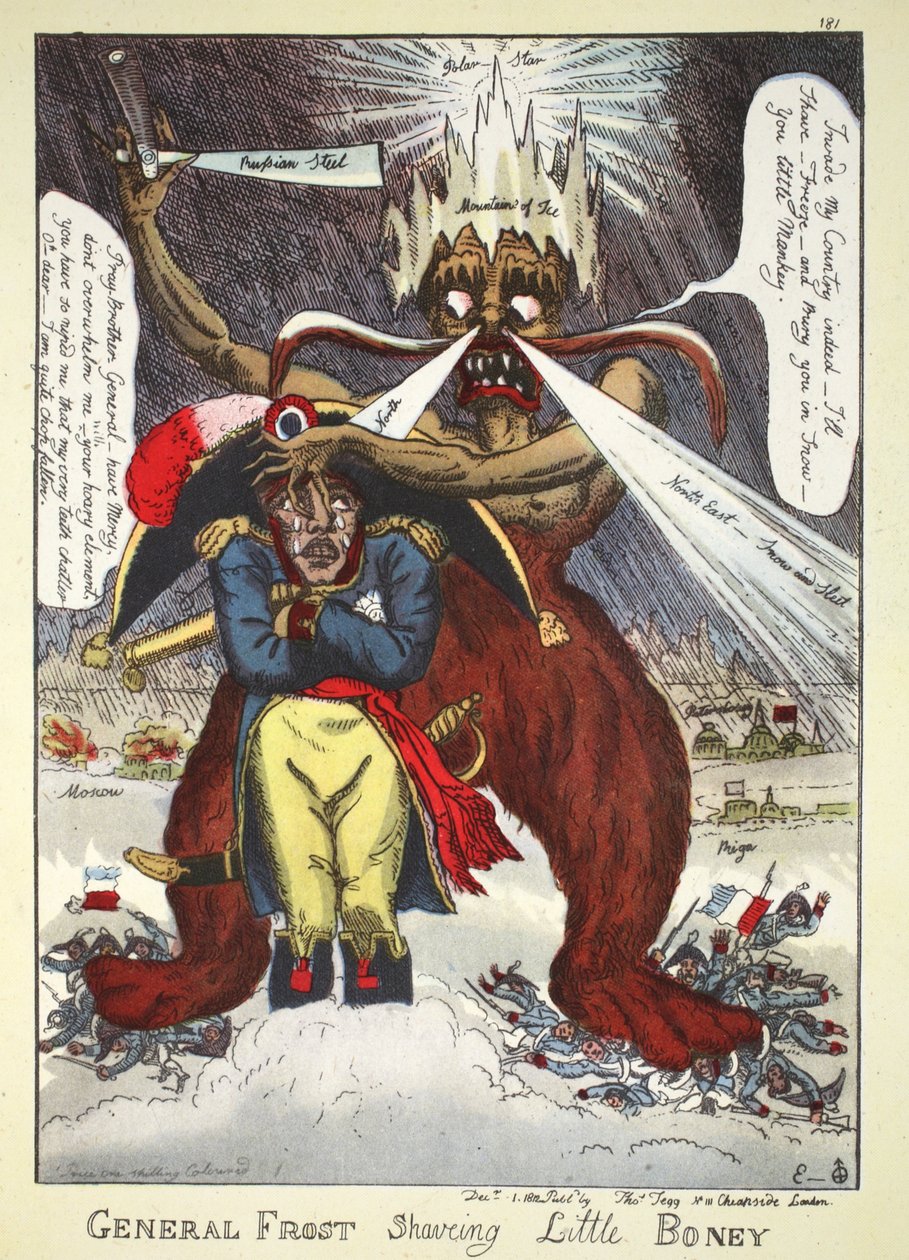 General Frost Shaving Little Boney, pub. Thomas Tegg, 1812 (käsinvärinen kaiverrus) tekijältä William Elmes