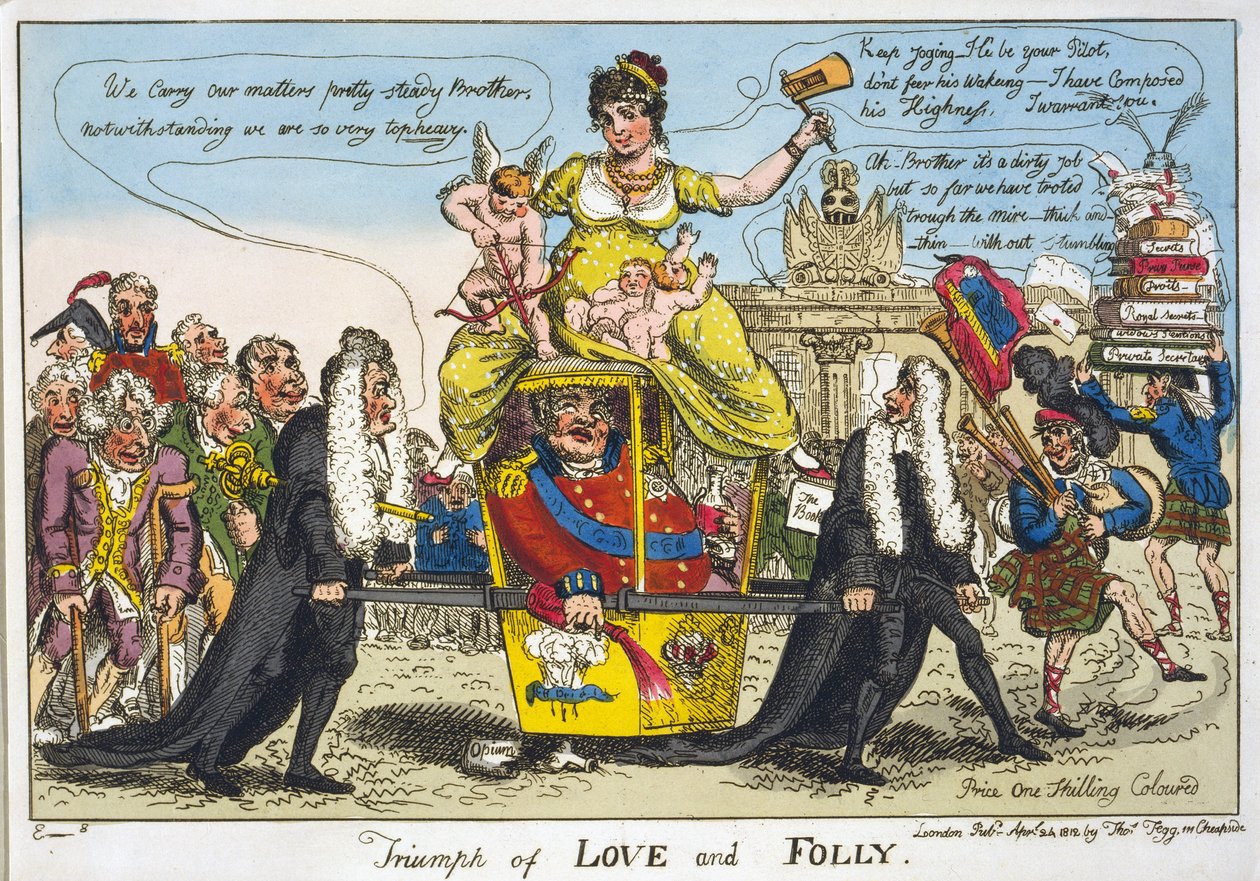 Rakkauden ja hulluuden voitto, pub. 1812 (käsin väritetty kaiverrus) tekijältä William Elmes
