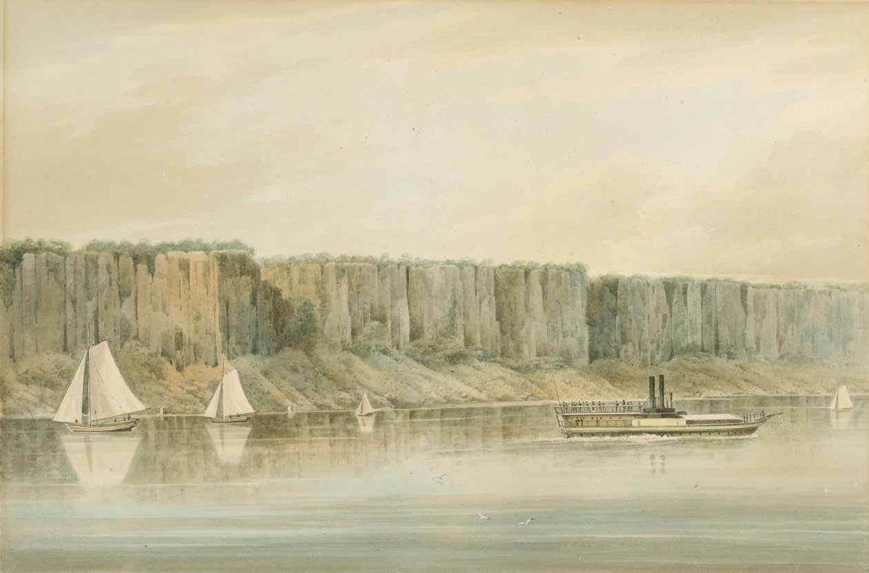 Näkymä Palisadesista, New Jersey: Hudson River PortFolion laatan 19 valmisteleva tutkimus, 1820 (akvarelli, grafiitti ja raapiminen guassilla paperille, asetettu kortille.) tekijältä William Guy Wall