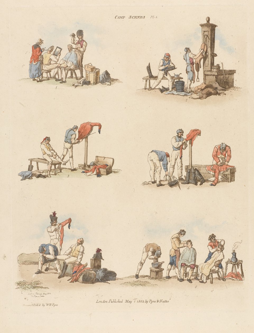 Leirikohtaukset, 1803 (värillinen etsaus) tekijältä William Henry after Pyne