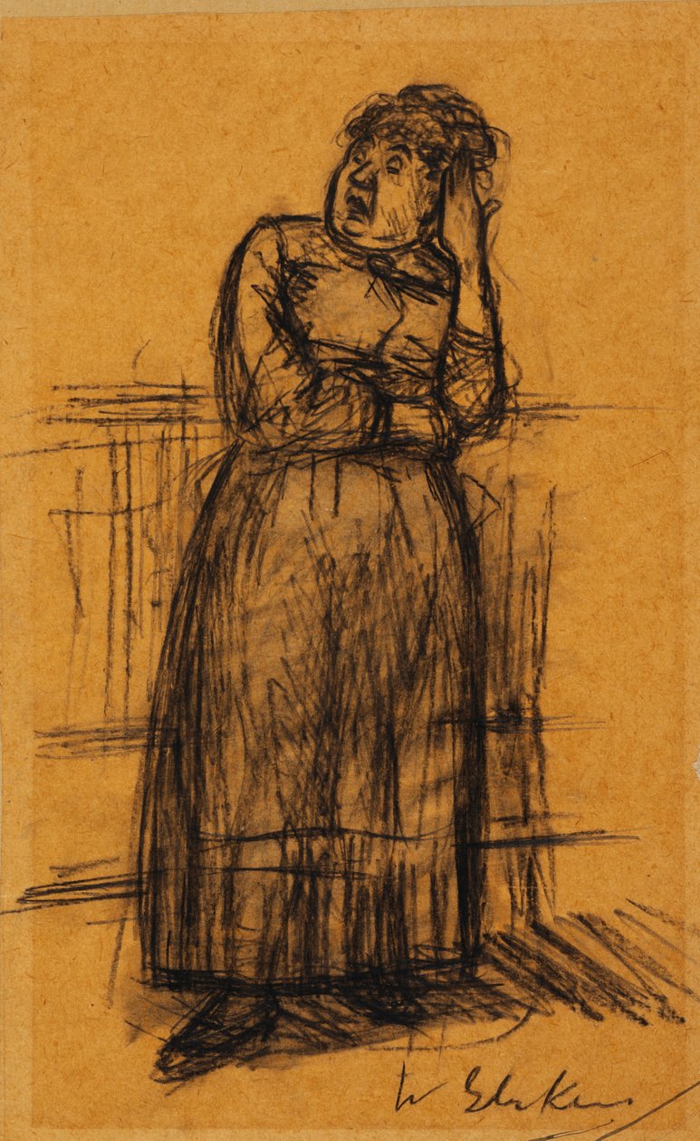 Nainen käsi hiuksissa (musta liitu paperille) tekijältä William James Glackens