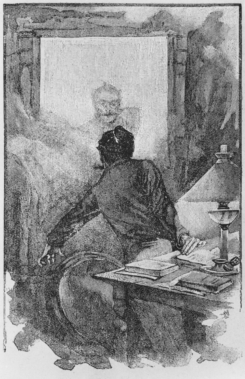 Kertoja ja Horla, kuvitus Guy de Maupassantin (1850-93) "Le Horlasta" kaivertanut Georges Lemoine, Pariisi, painokset Albin Michel, n. 1910 (puukaiverrus) tekijältä William Julian Damazy