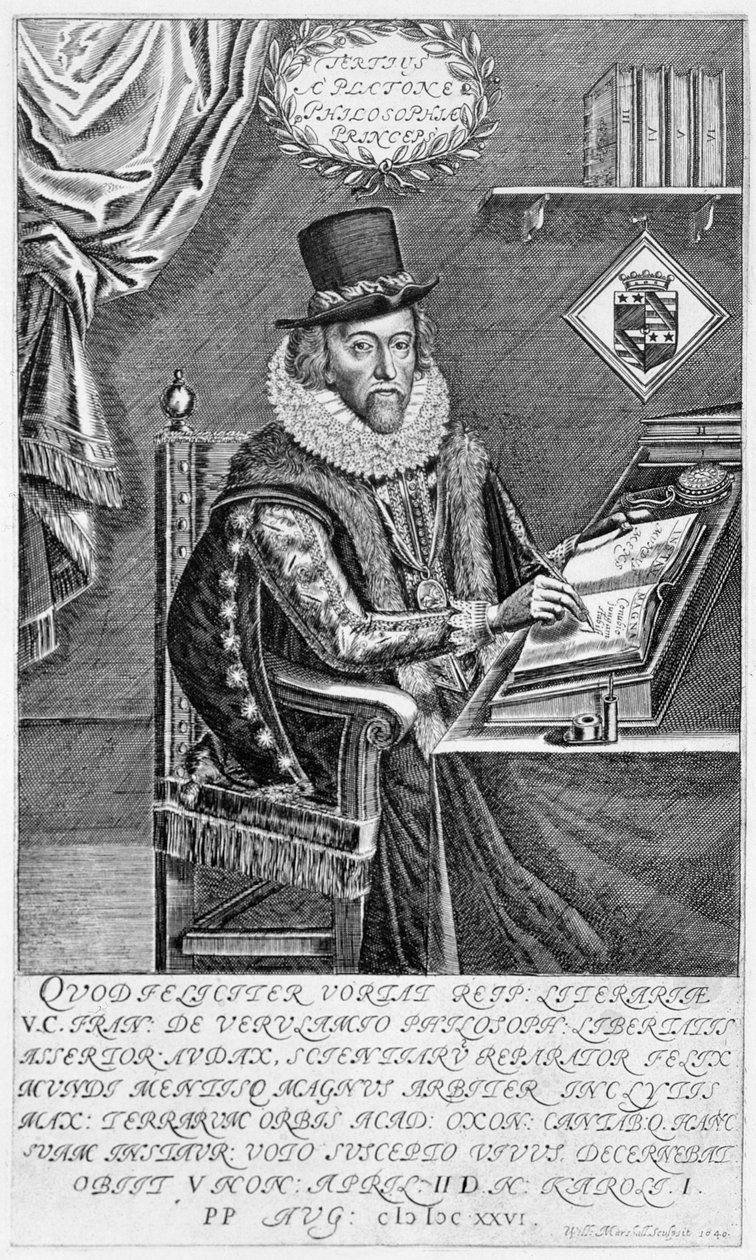 Muotokuva Francis Baconista (1561-1626) St. Albansin varakreivi kirjoittamassa pöytänsä ääressä, 1640 tekijältä William Marshall