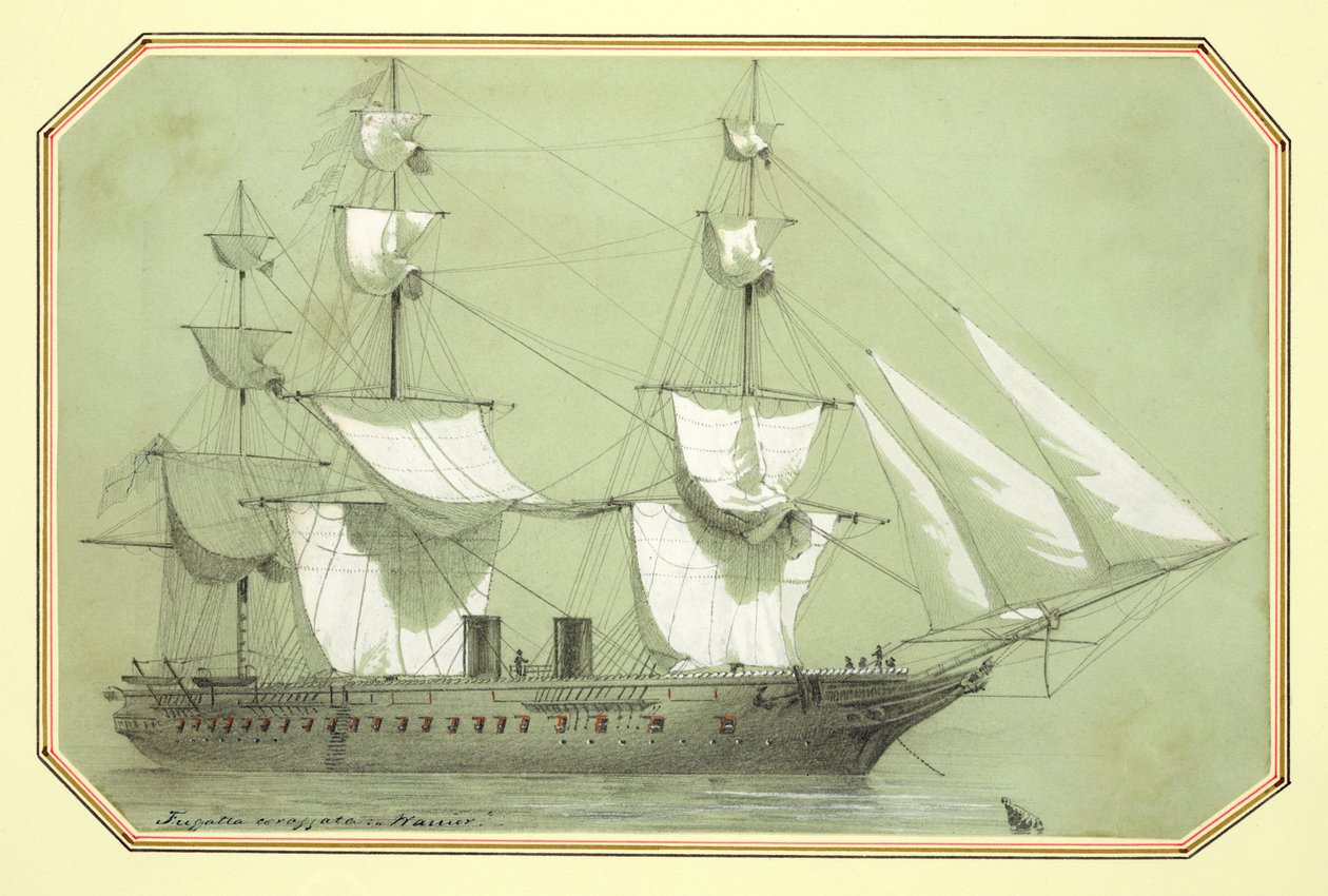 Warrior, ensimmäinen brittiläinen rautainen sota-alus, jonka hallitus otti käyttöön vuonna 1859 ja joka oli merellä vuonna 1861 (lyijykynällä korostettu valkoisella). tekijältä William McConnell