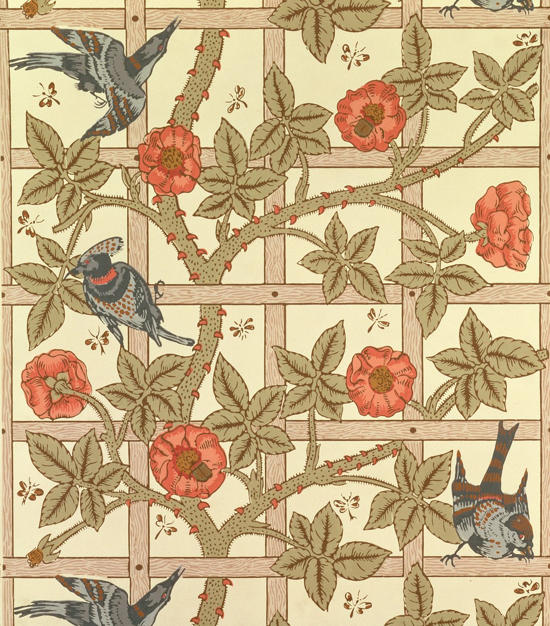 Sininen ja oranssi ristikkotapettisuunnittelu, 1864 tekijältä William Morris