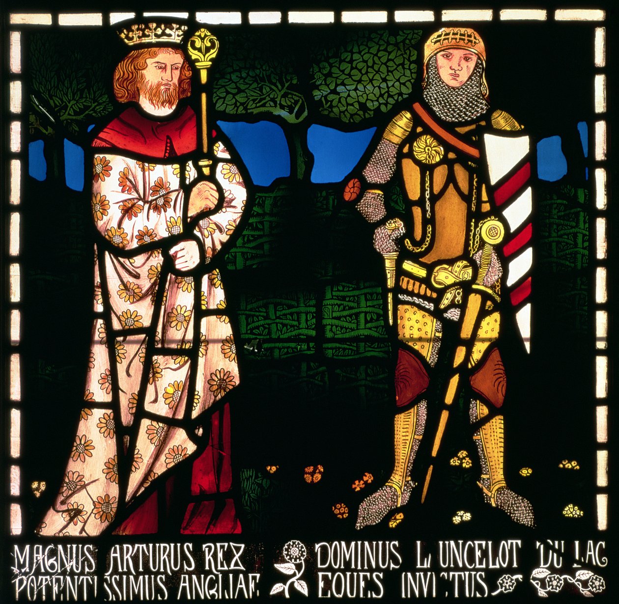 Kuningas Arthur ja Sir Lancelot, 1862 (lasimaalaus) tekijältä William Morris