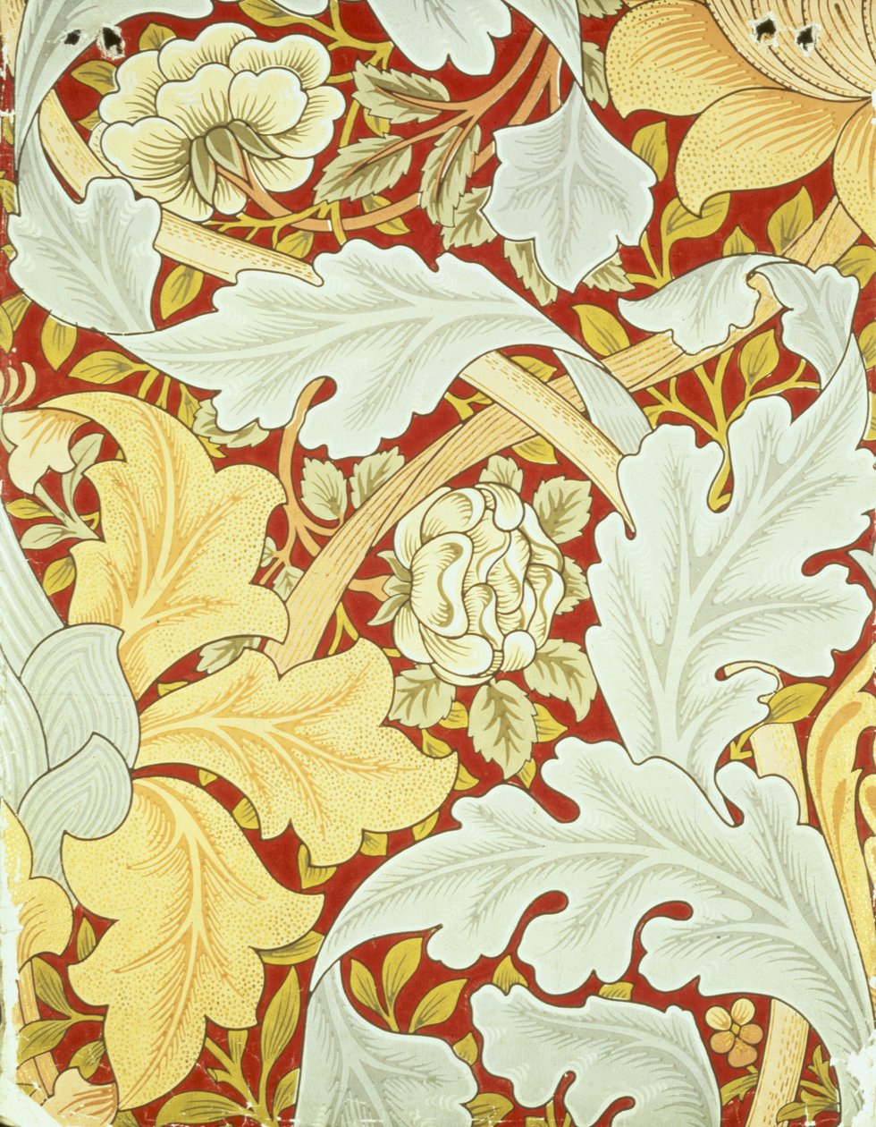 William Morrisin (1834-96) suunnittelema tapetti, jossa akantuksen lehtiä ja villiruusuja karmiininpunaisella taustalla tekijältä William Morris