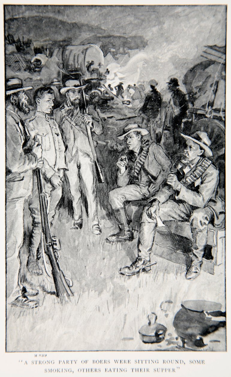 Runsas joukko bureja istui ympärillä, toiset tupakoimassa, toiset syömässä illallista, kuvitus kirjasta "Robertsin kanssa Pretoriaan": A Tale of the South African War", G.A. Henty, pub. Lontoo, 1902 tekijältä William Rainey