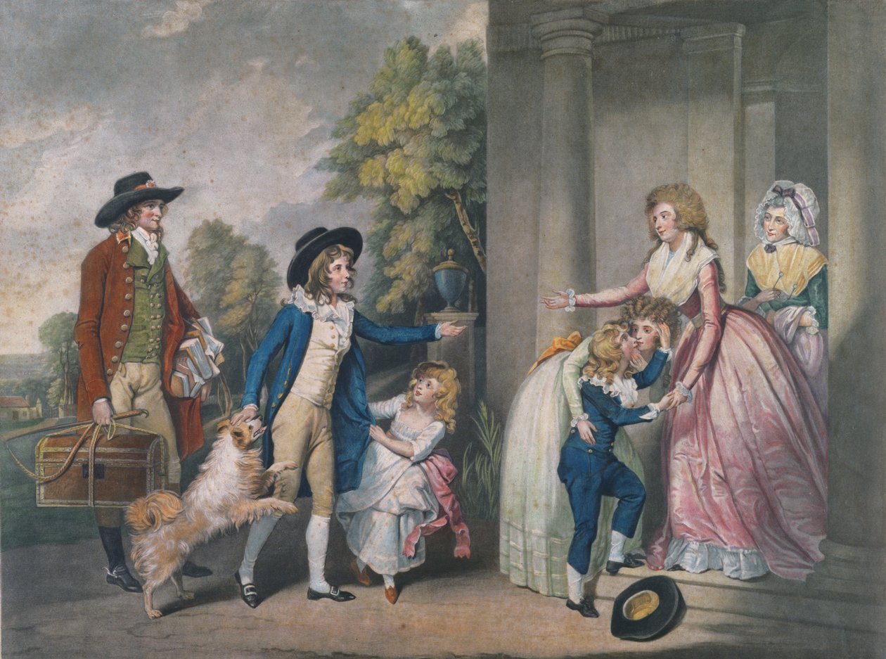 Dulce Domum tai Paluu koulusta, kaiverrettu John Jonesin (n.1745-97) toimesta, 1790 (värikaiverrus). tekijältä William Redmore Bigg