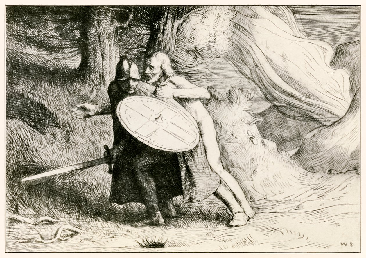 The Pilgrims -sarjan Kuoleman varjon laakso edistyy tästä maailmasta tulevaan, John Bunyan (1628-1688) kuvitus William Strang (1859-1921) Christian ohittaa suun tekijältä William Strang