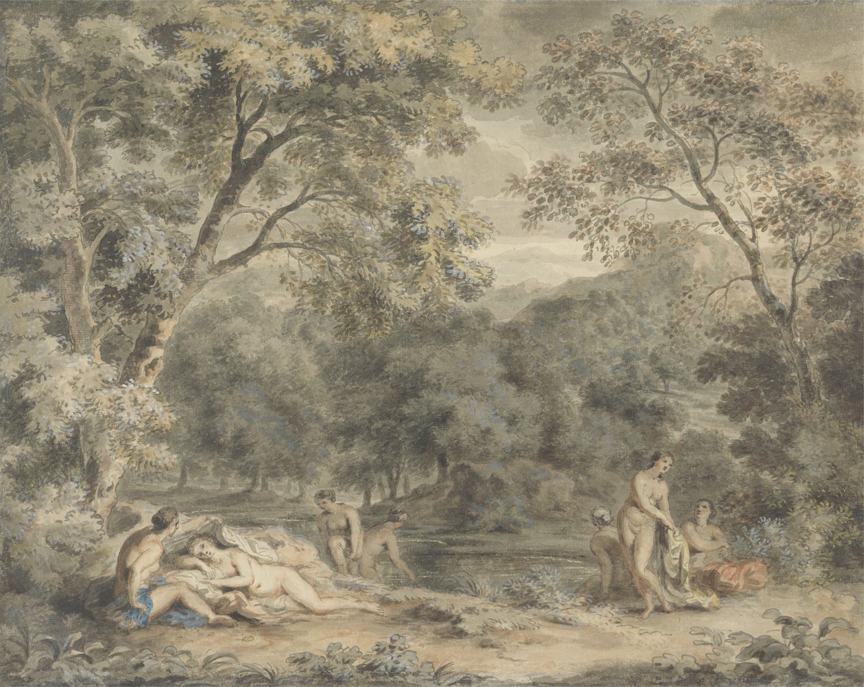 Nymfit kylpevät metsäisellä rantakadulla, n. 1765-70 (wc ja guassi paperilla) tekijältä William Taverner