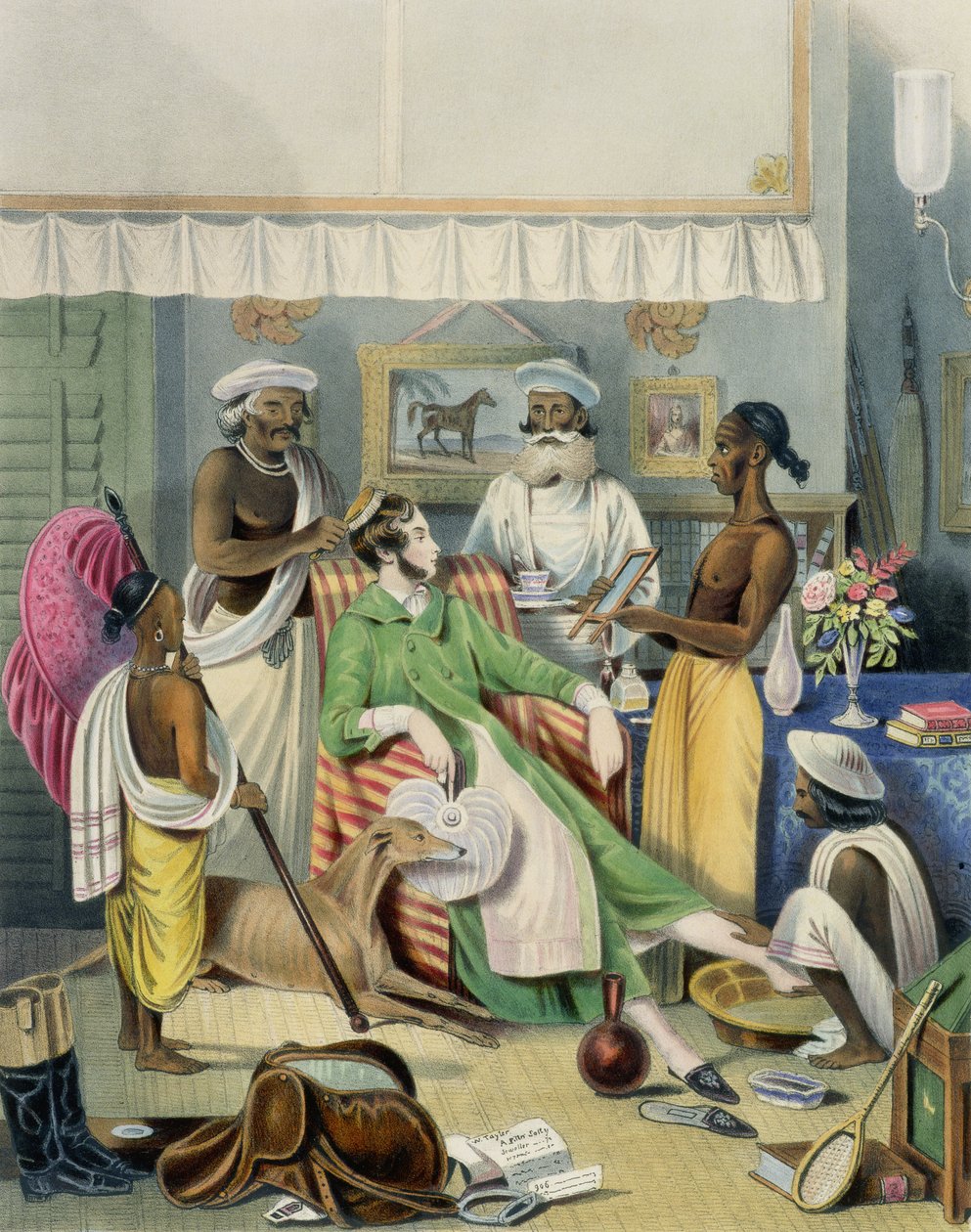Nuoren siviilikäymälä, levy 1 kirjasta "Anglo Indians", kaivertanut J. Bouvier, 1842 tekijältä William Tayler