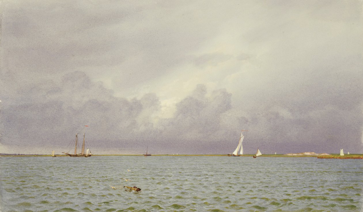 Marine with Yachts, 1865-75 (wc ja guassi vihreänharmaalla kudottupaperilla) tekijältä William Trost Richards