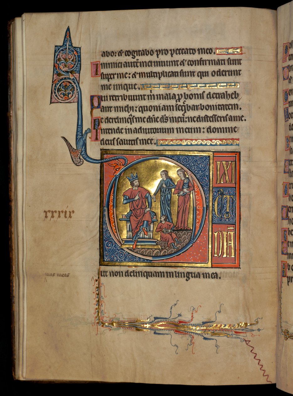 Ms 322 f.41v, psalmi 38, alkukirjain D, Salomon tuomio, kuvitus De Brailesin psalttarista, noin 1250. tekijältä William de Brailes  